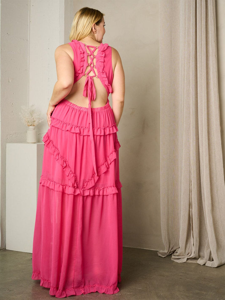 PLUS SIZE SLEEVELESS V-NECK RUFFLE TIERED OPEN BACK MAXI DRESS