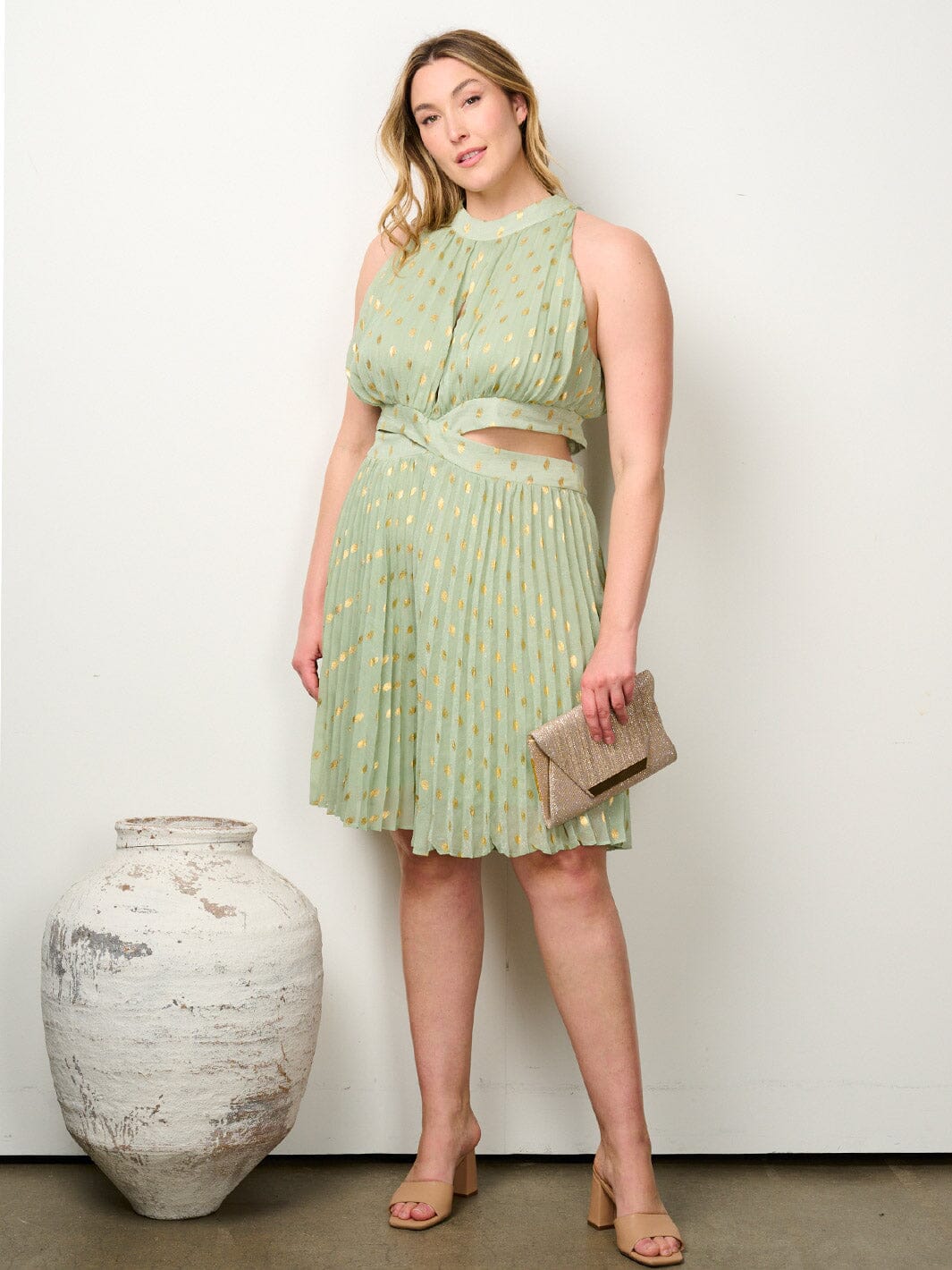 PLUS SIZE SLEEVELESS CUT OUT PLEATED SHIMMER ROMPER