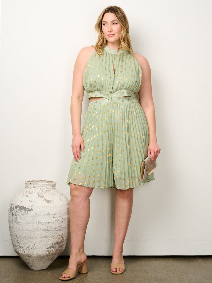 PLUS SIZE SLEEVELESS CUT OUT PLEATED SHIMMER ROMPER