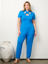 PLUS SIZE SHORT SLEEVE FRONT DETAILED JUMPSUIT