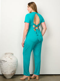 PLUS SIZE SHORT SLEEVE BACK TIE WIDE LEG JUMPSUIT