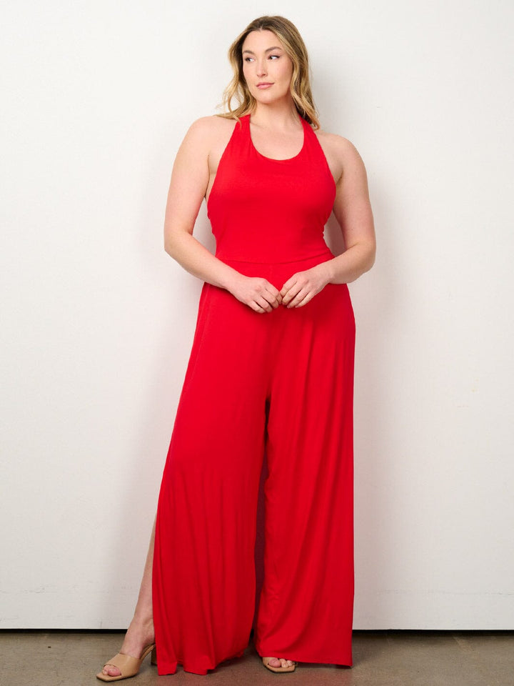 PLUS SIZE SLEEVELESS OPEN BACK SIDE SLIT WIDE LEG JUMPSUIT
