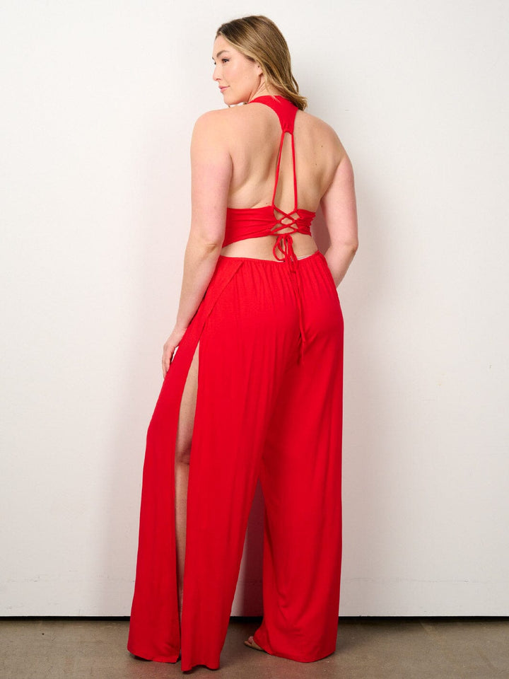 PLUS SIZE SLEEVELESS OPEN BACK SIDE SLIT WIDE LEG JUMPSUIT