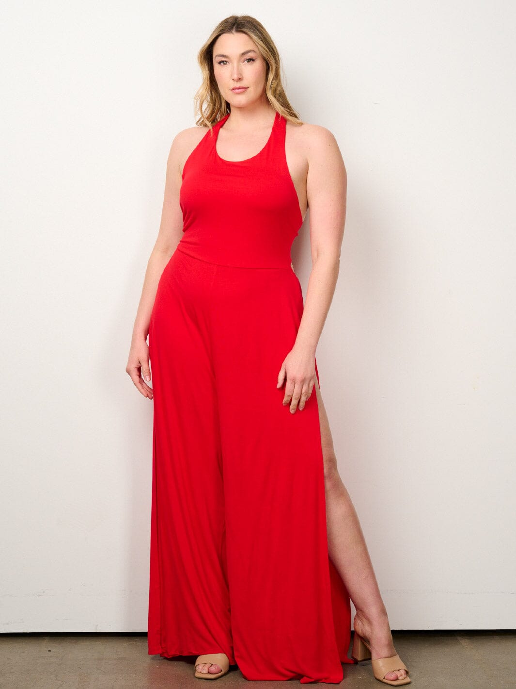PLUS SIZE SLEEVELESS OPEN BACK SIDE SLIT WIDE LEG JUMPSUIT
