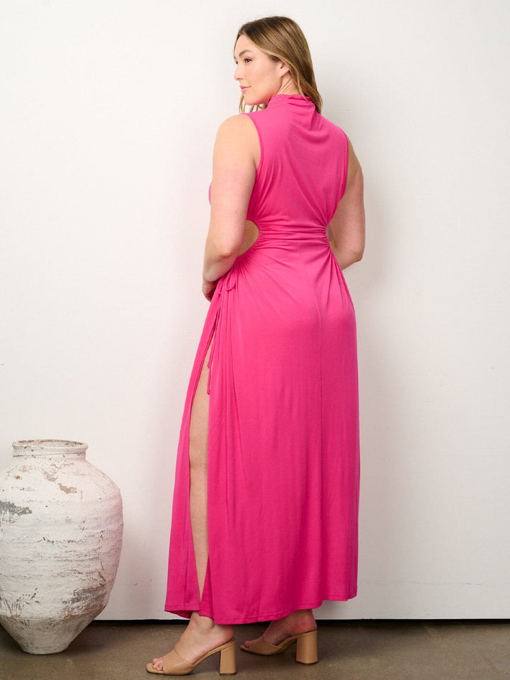 PLUS SIZE SLEEVELESS MOCK NECK SLIT CUT OUT BODYCON MAXI DRESS