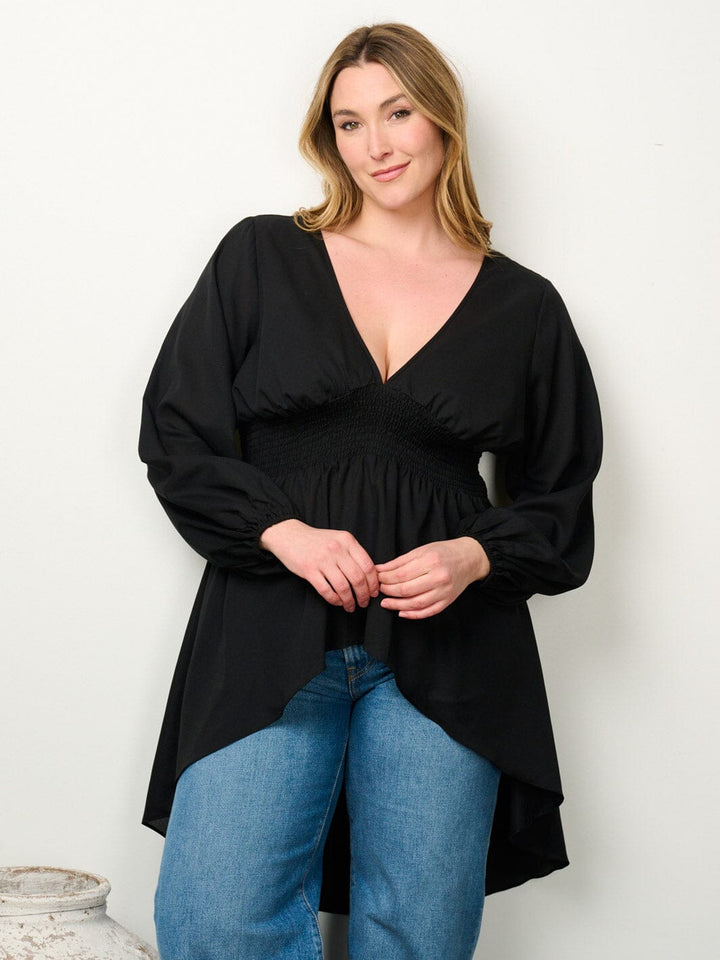 PLUS SIZE LONG SLEEVE V-NECK HIGH-LOW BLOUSE TOP