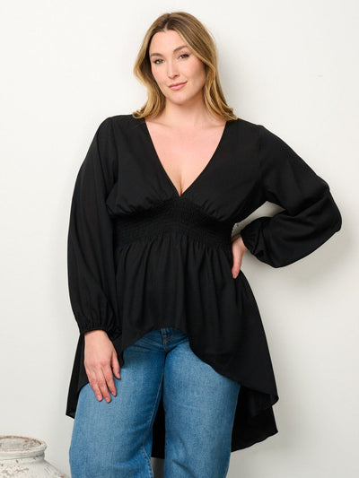 PLUS SIZE LONG SLEEVE V-NECK HIGH-LOW BLOUSE TOP