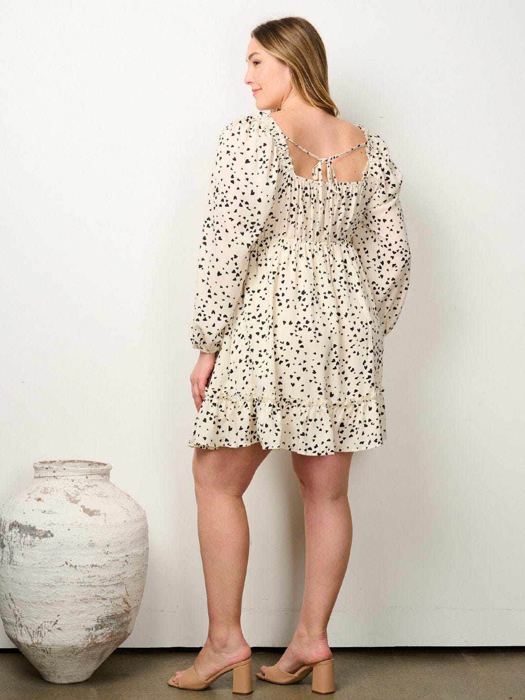 PLUS SIZE LONG SLEEVE SMOCK PRINTED FIT & FLARE MINI DRESS