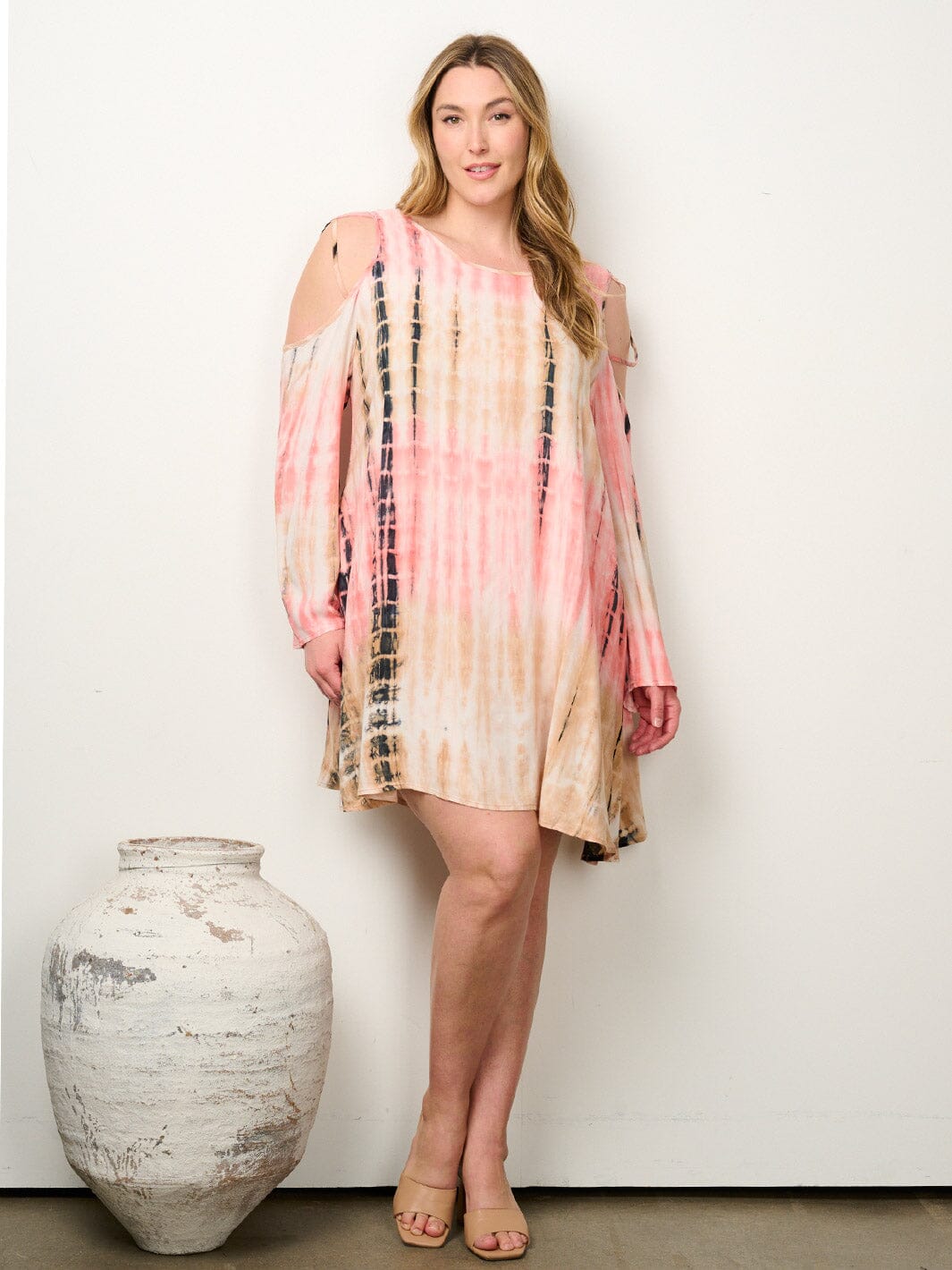 PLUS SIZE LONG SLEEVE COLD SHOULDER POCKETS TIE DYE TUNIC MINI DRESS