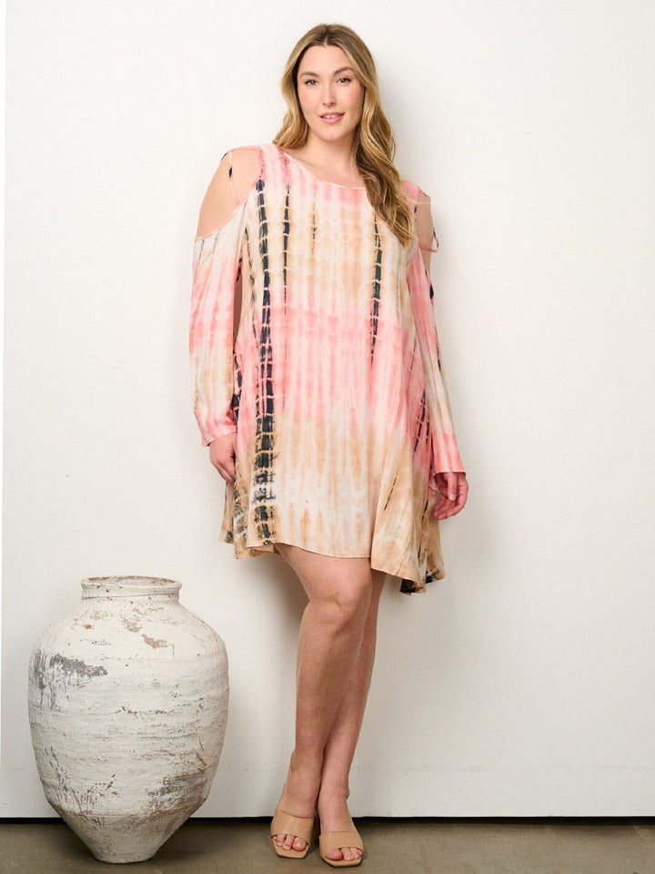 PLUS SIZE LONG SLEEVE COLD SHOULDER POCKETS TIE DYE TUNIC MINI DRESS
