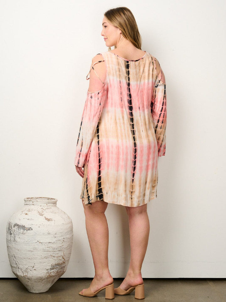 PLUS SIZE LONG SLEEVE COLD SHOULDER POCKETS TIE DYE TUNIC MINI DRESS