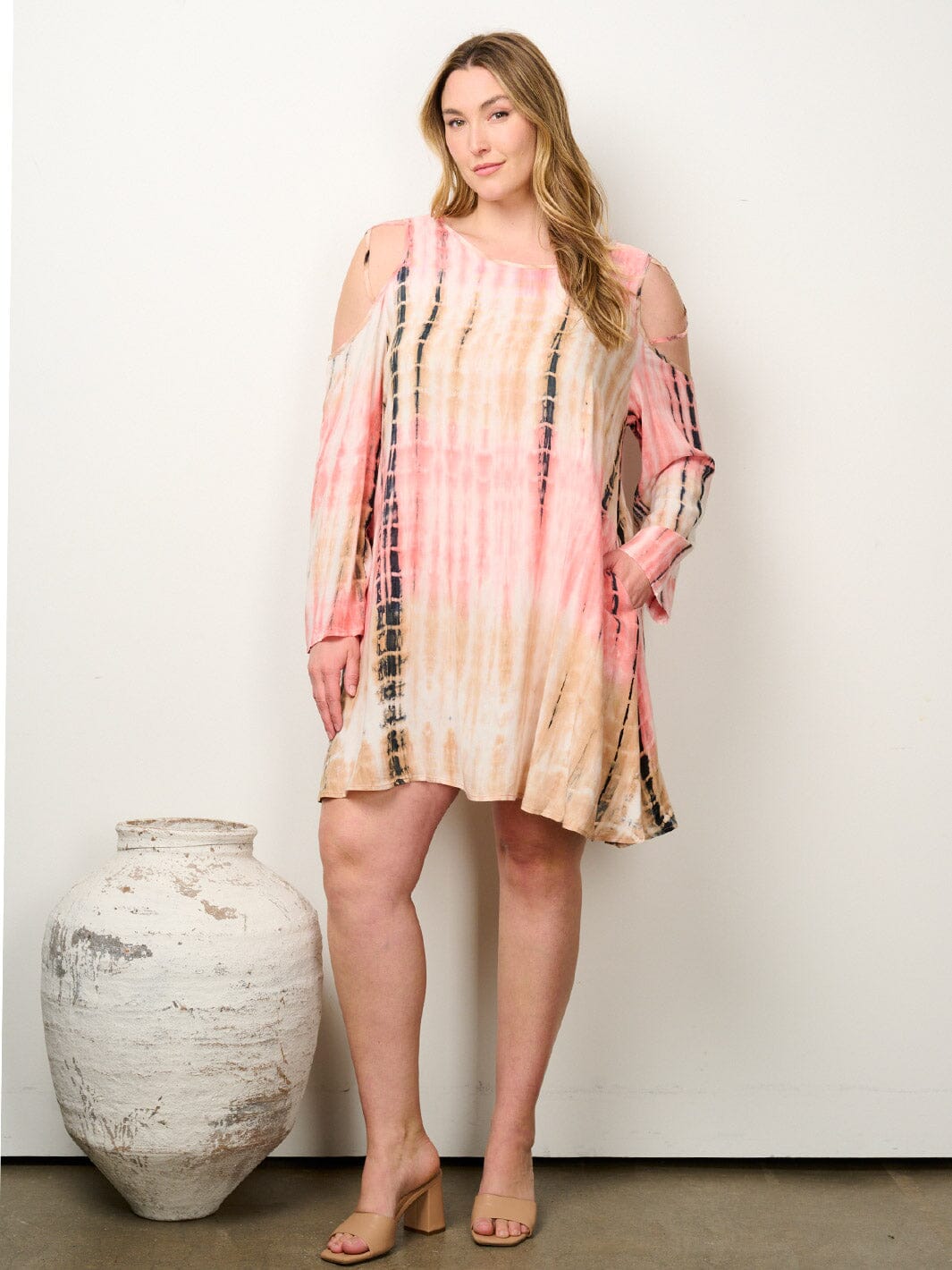 PLUS SIZE LONG SLEEVE COLD SHOULDER POCKETS TIE DYE TUNIC MINI DRESS