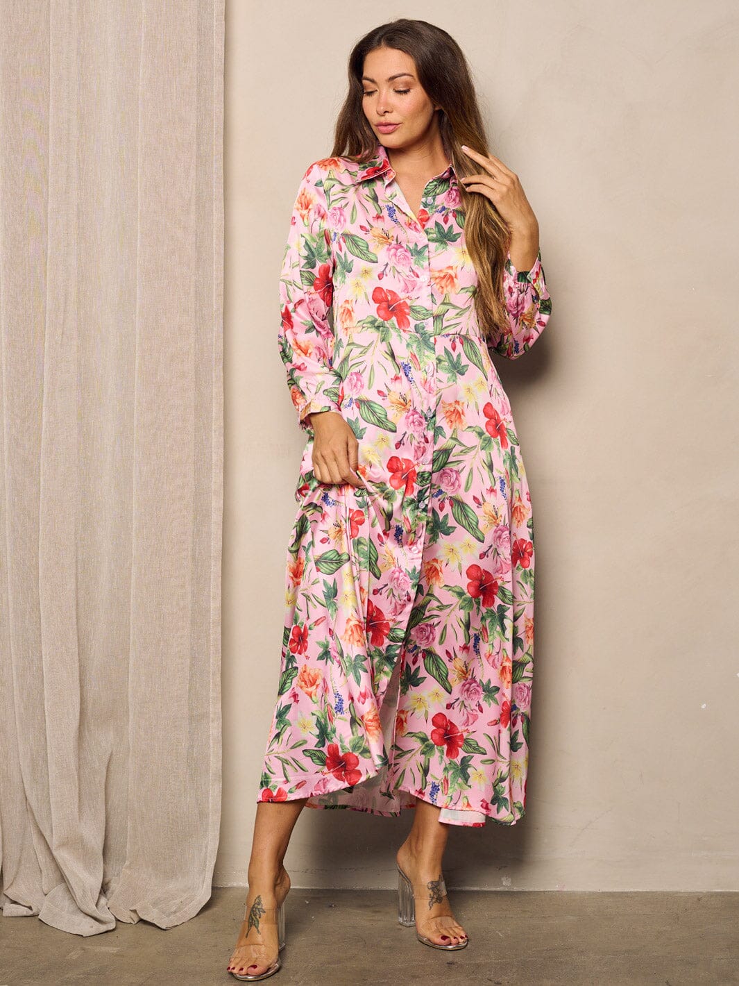 Floral Button Maxi Dress Roman Women's Pink Ditsy Floral Button Detail Maxi  Dress