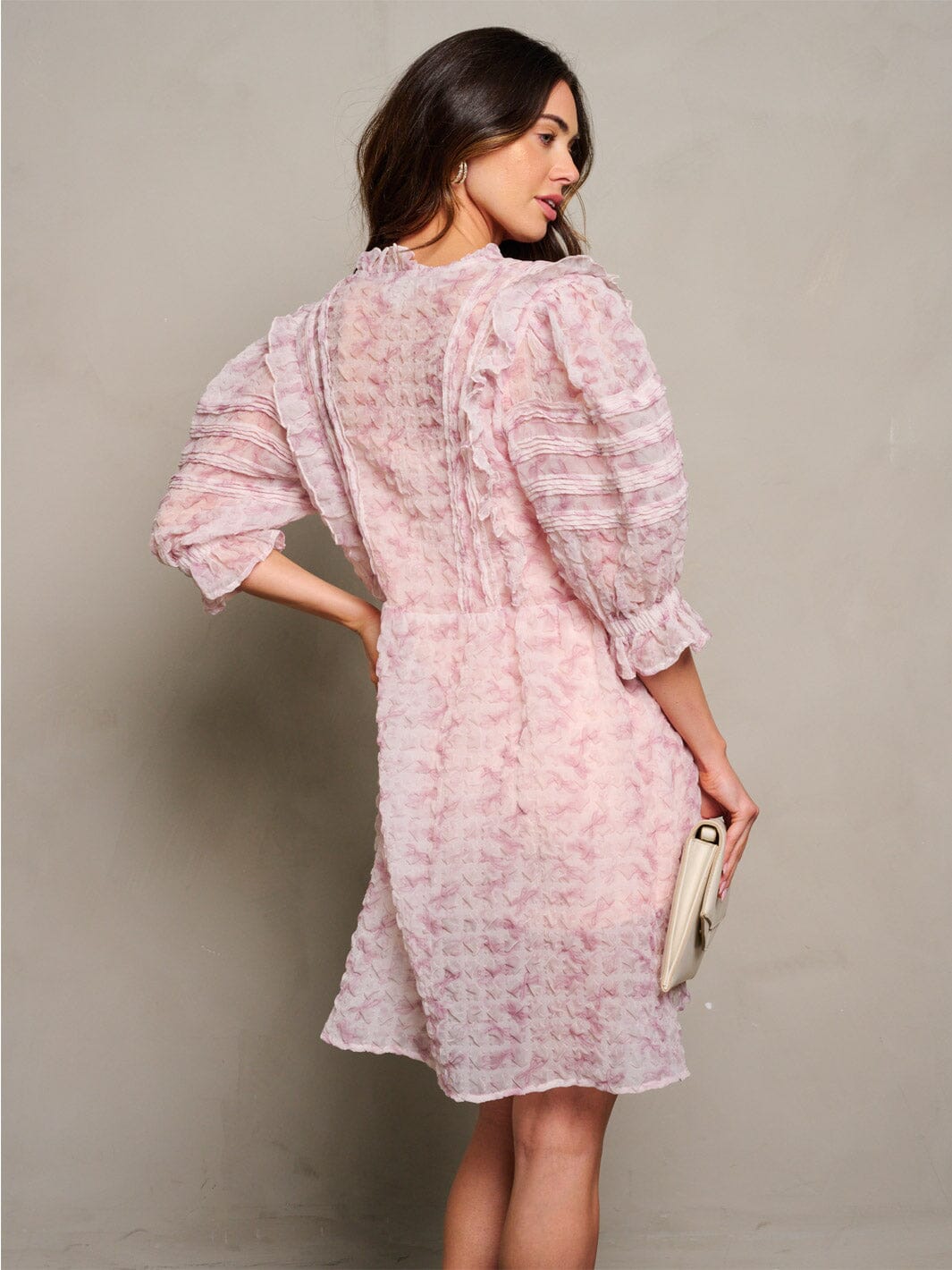 WOMEN'S 3/4 PUFF SLEEVE BUTTON UP RUFFLE FLORAL MINI DRESS