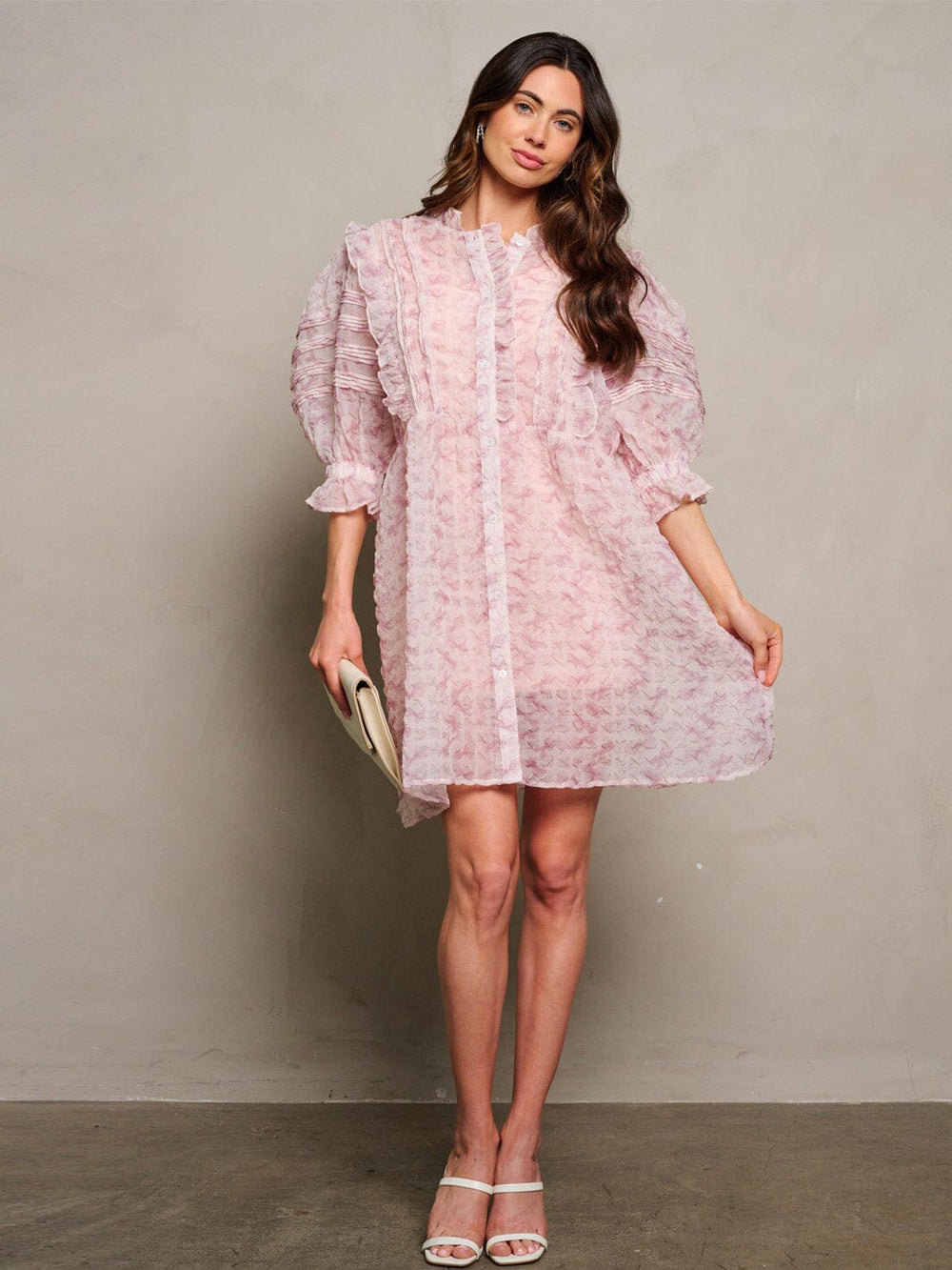 WOMEN'S 3/4 PUFF SLEEVE BUTTON UP RUFFLE FLORAL MINI DRESS