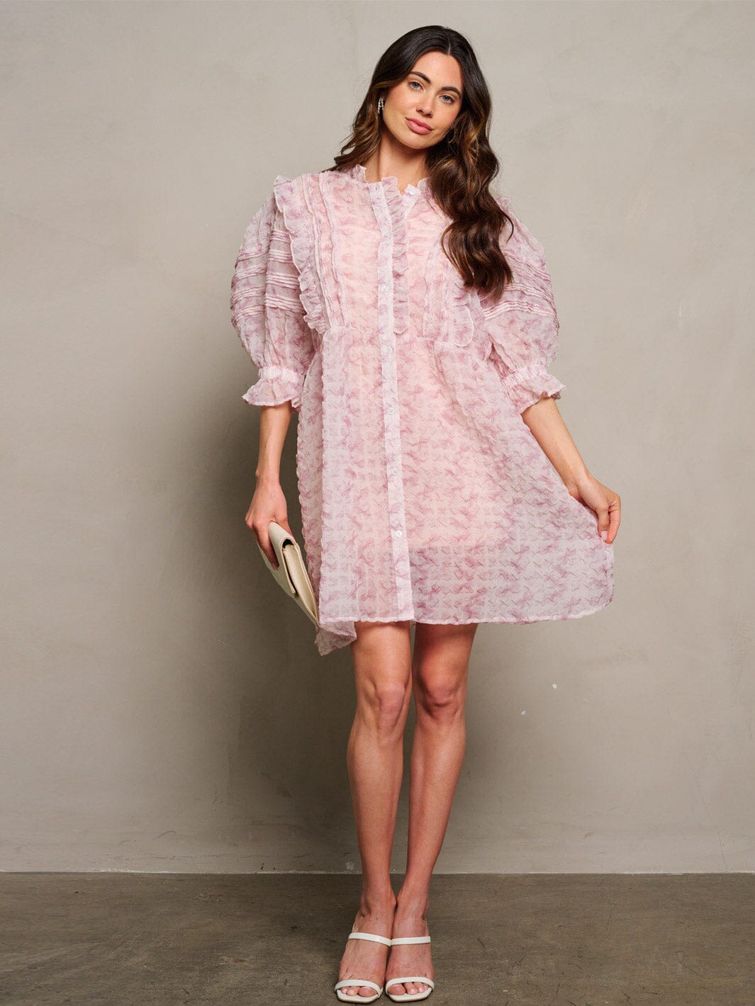 WOMEN'S 3/4 PUFF SLEEVE BUTTON UP RUFFLE FLORAL MINI DRESS