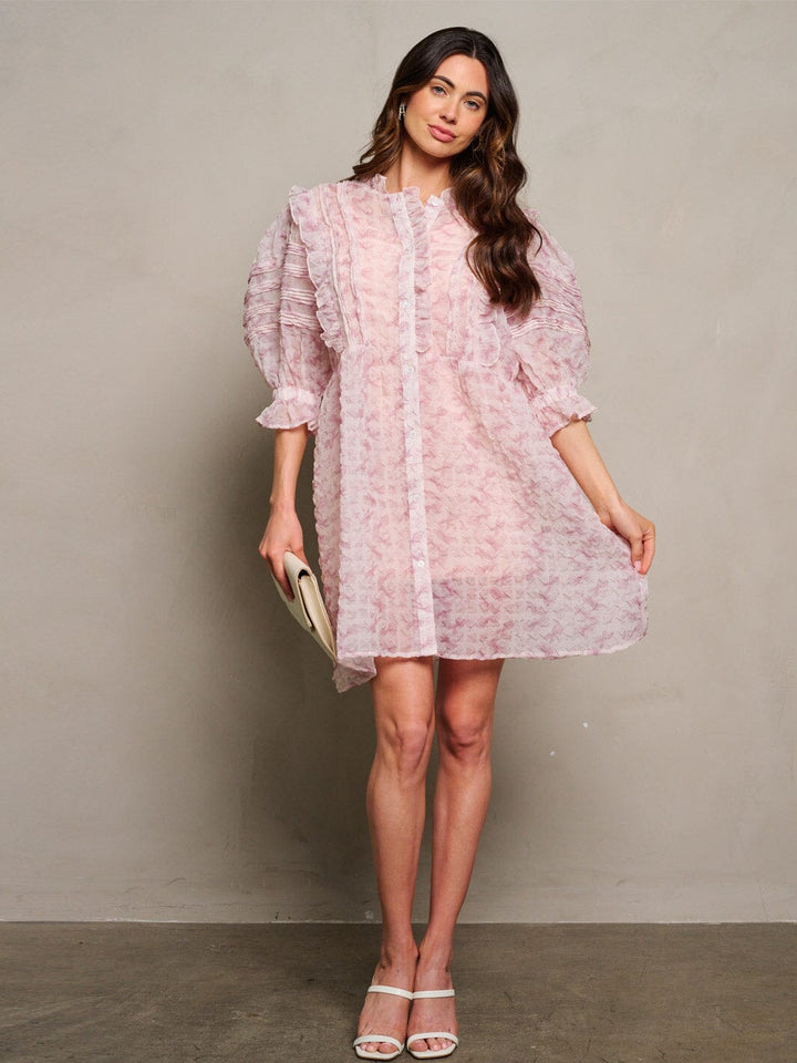 WOMEN'S 3/4 PUFF SLEEVE BUTTON UP RUFFLE FLORAL MINI DRESS