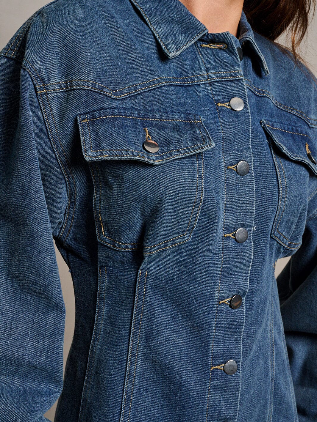 WOMEN'S LONG SLEEVE POCKETS BUTTON UP DENIM MINI DRESS