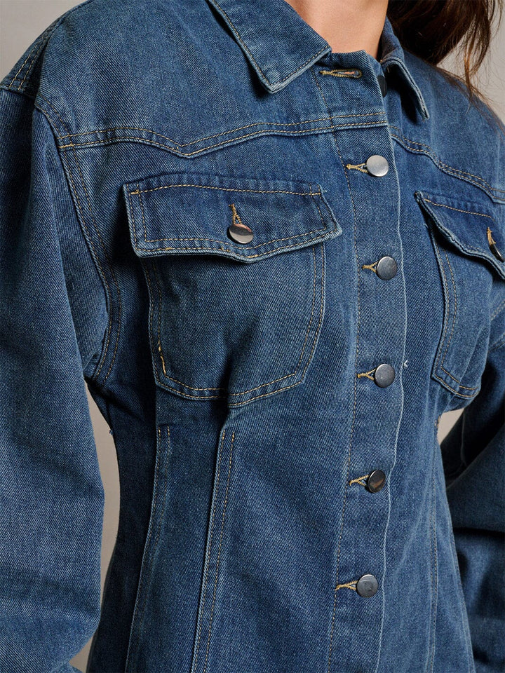 WOMEN'S LONG SLEEVE POCKETS BUTTON UP DENIM MINI DRESS