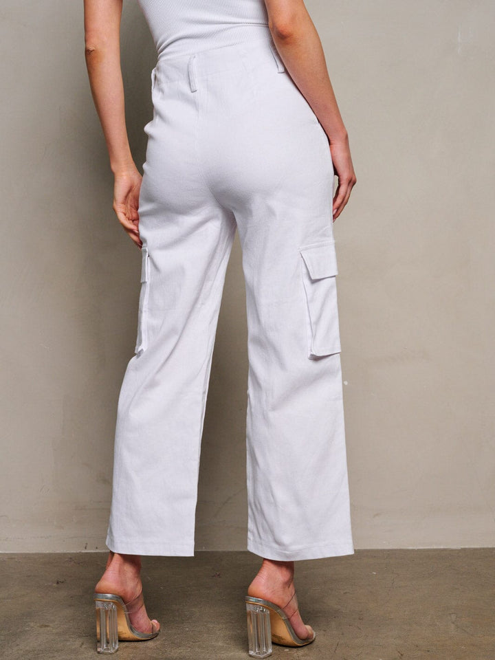 WOMEN'S BUTTON CLOSURE CARGO POCKETS WIDE LEG DENIM PANTS