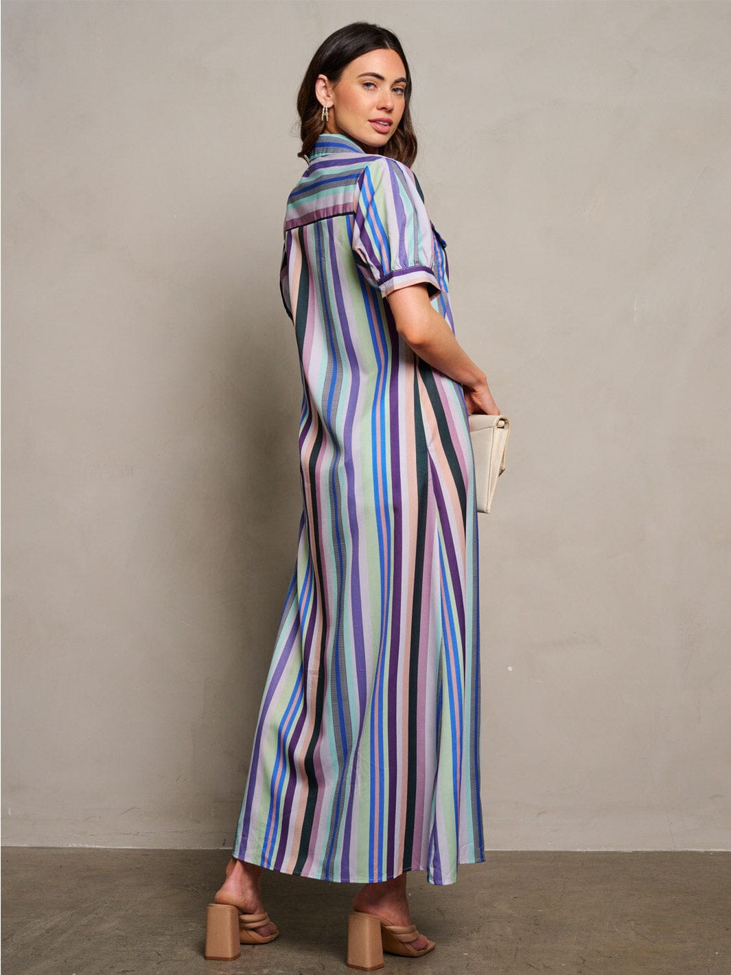 WOMEN'S SHORT SLEEVE BUTTON UP POCKETS MULTI STRIPES MAXI DRESS