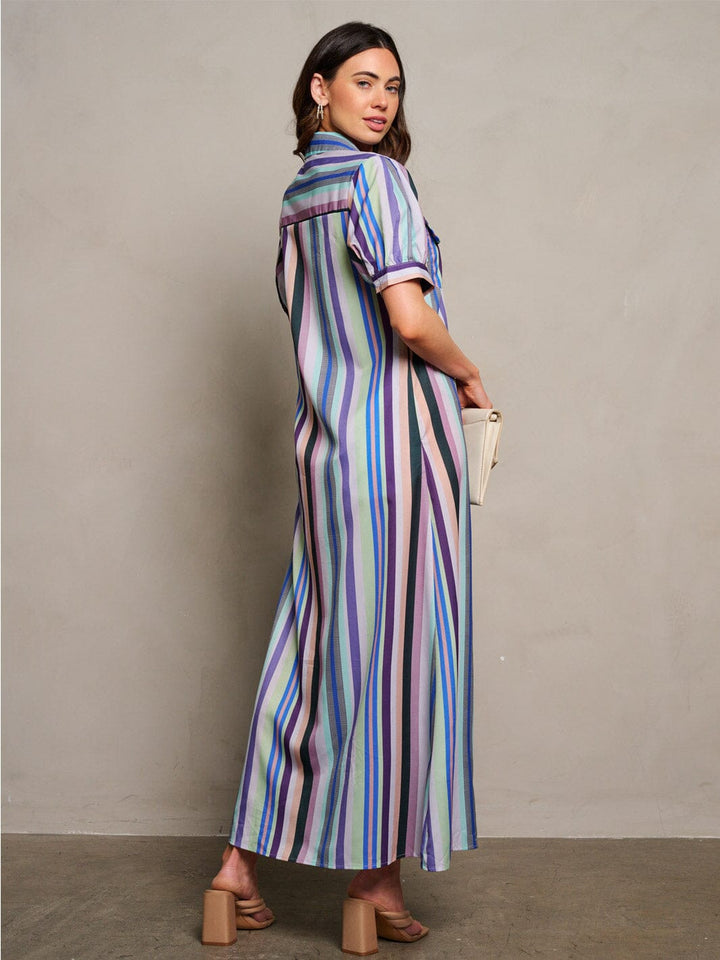 WOMEN'S SHORT SLEEVE BUTTON UP POCKETS MULTI STRIPES MAXI DRESS