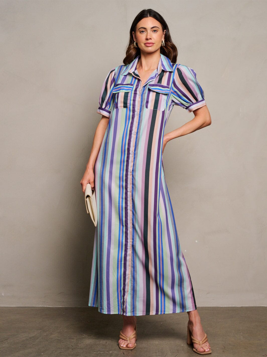 WOMEN'S SHORT SLEEVE BUTTON UP POCKETS MULTI STRIPES MAXI DRESS