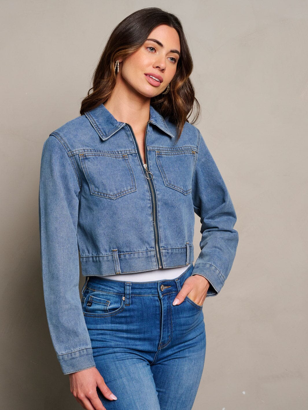 WOMEN'S LONG SLEEVE ZIP UP POCKETS DENIM JACKET