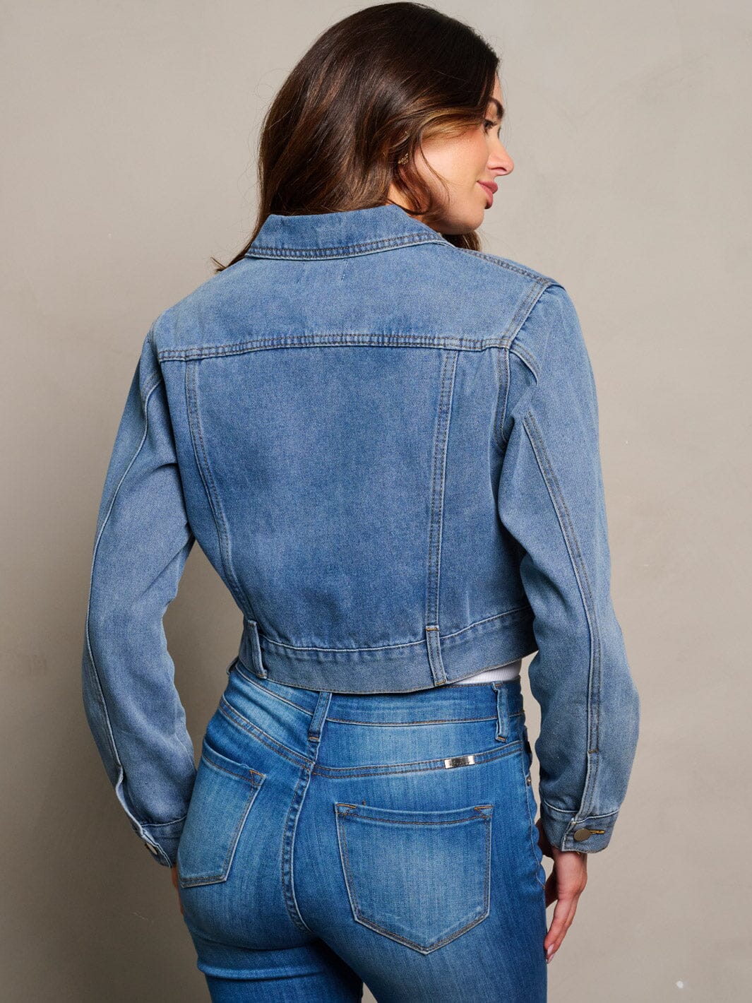 WOMEN'S LONG SLEEVE ZIP UP POCKETS DENIM JACKET