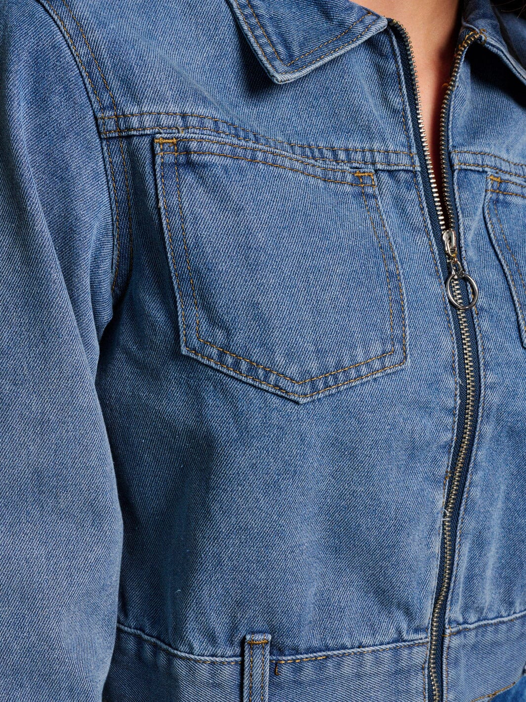 WOMEN'S LONG SLEEVE ZIP UP POCKETS DENIM JACKET