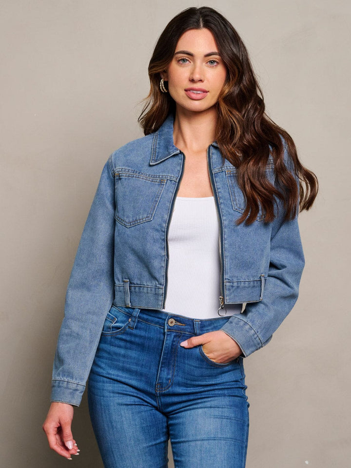 WOMEN'S LONG SLEEVE ZIP UP POCKETS DENIM JACKET