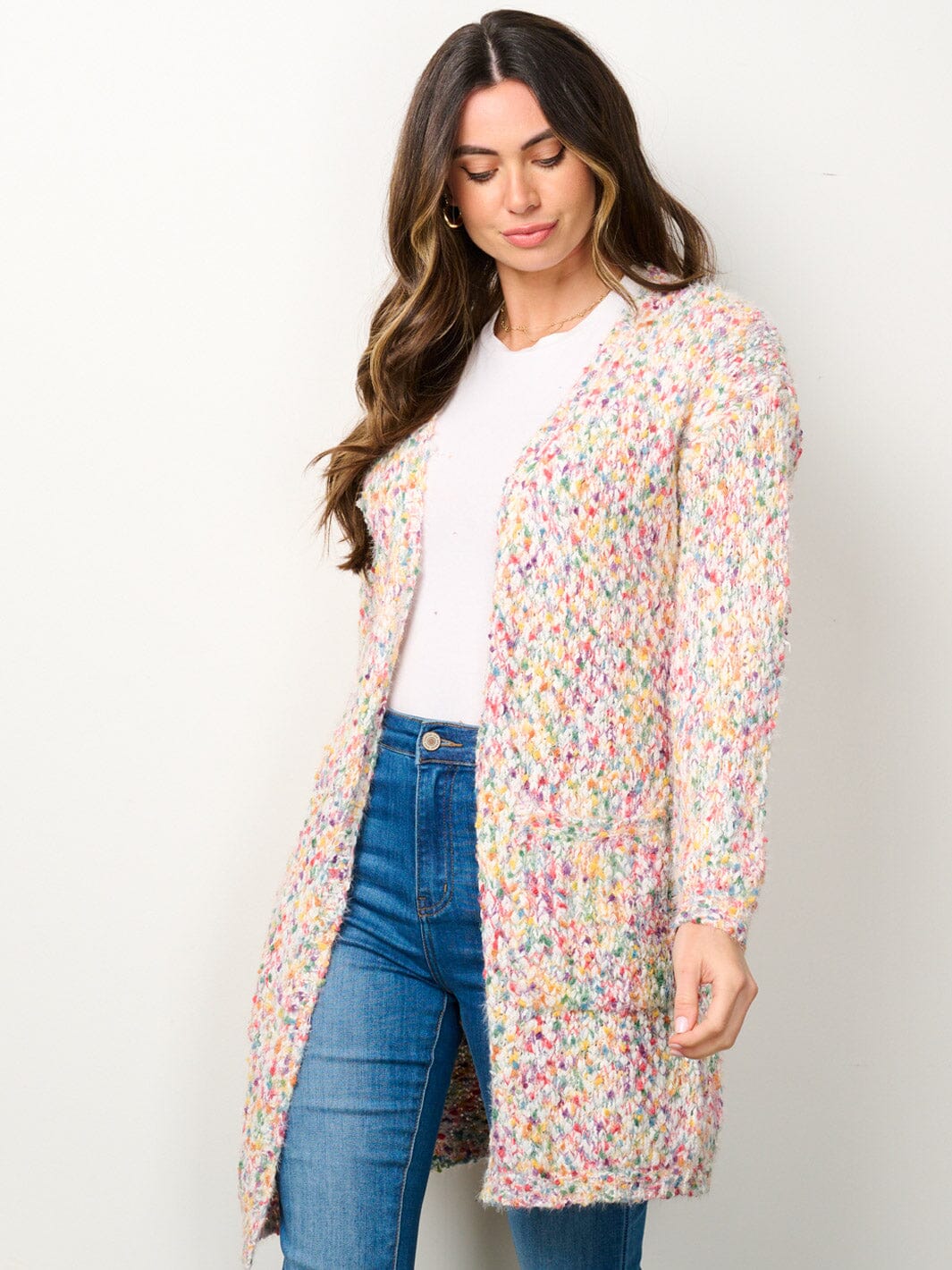 WOMEN'S LONG SLEEVE OPEN FRONT POCKETS MULTI COLOR CARDIGAN
