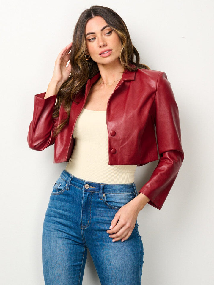 WOMEN'S LONG SLEEVE BUTTON CLOSURE PU PLEATHER CROP BLAZER