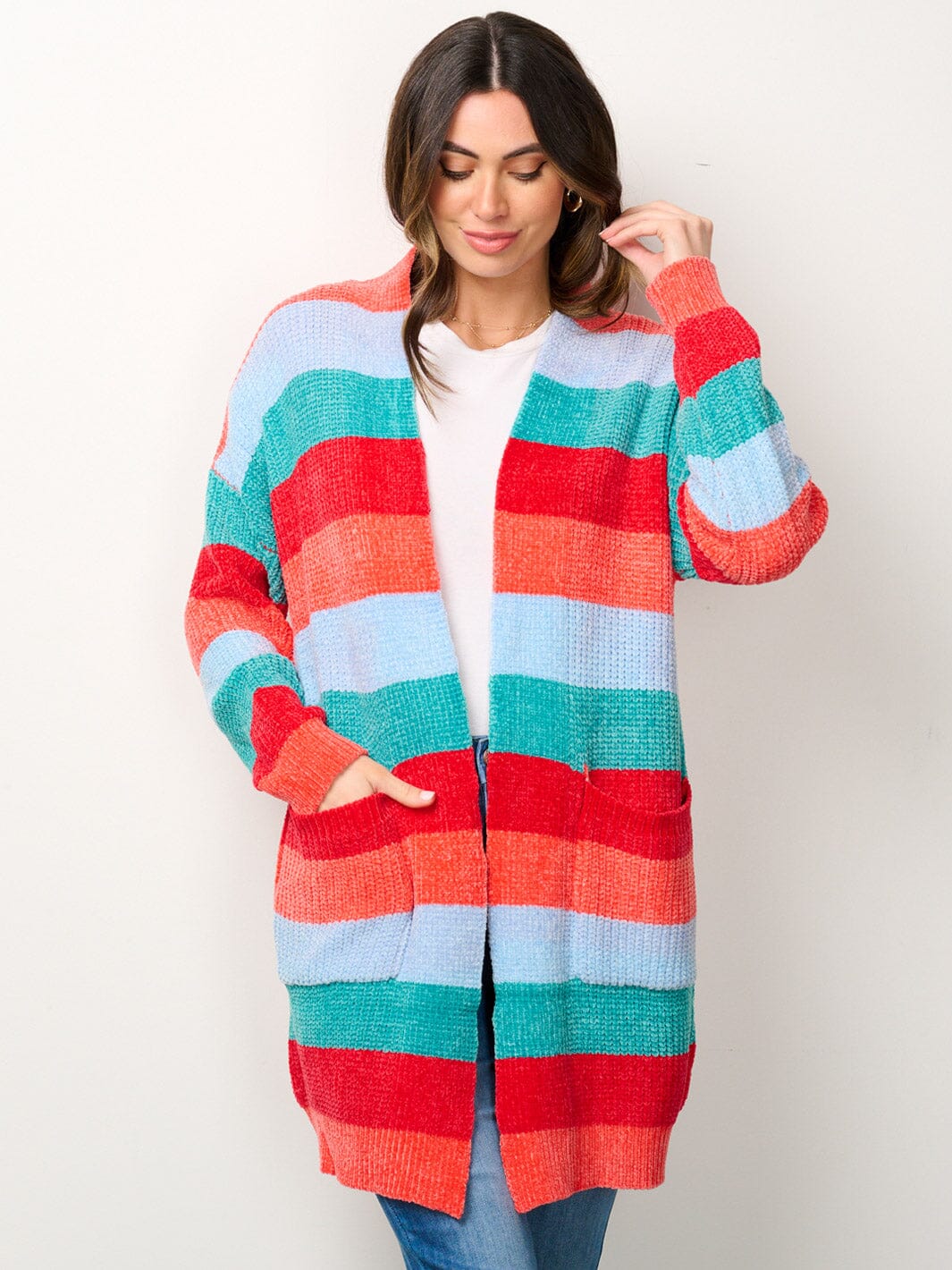 WOMEN'S LONG SLEEVE OPEN FRONT POCKETS MULTI COLOR CARDIGAN