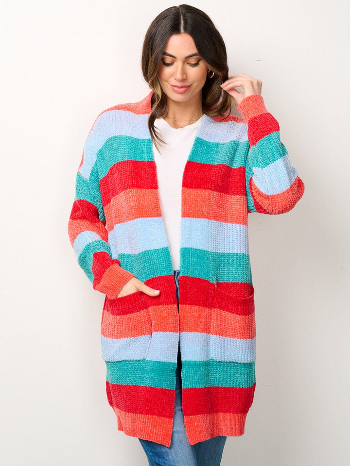 WOMEN'S LONG SLEEVE OPEN FRONT POCKETS MULTI COLOR CARDIGAN