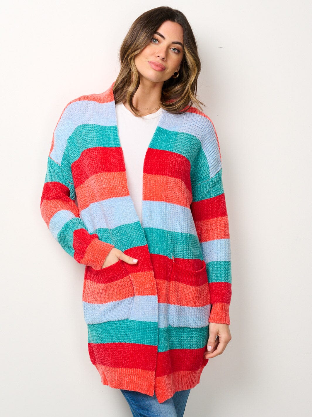 WOMEN'S LONG SLEEVE OPEN FRONT POCKETS MULTI COLOR CARDIGAN