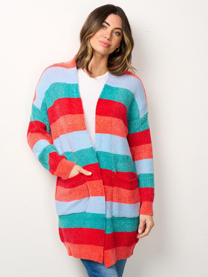 WOMEN'S LONG SLEEVE OPEN FRONT POCKETS MULTI COLOR CARDIGAN