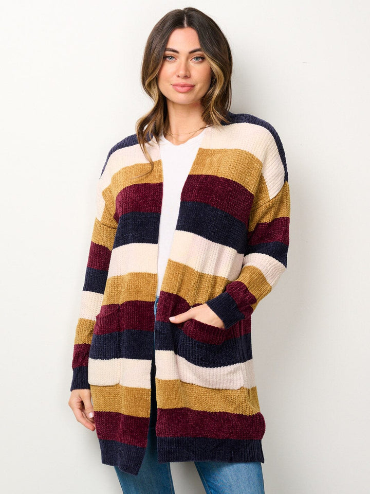 WOMEN'S LONG SLEEVE OPEN FRONT POCKETS MULTI COLOR CARDIGAN