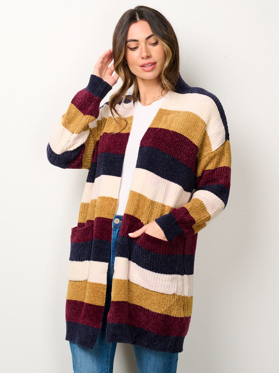 WOMEN'S LONG SLEEVE OPEN FRONT POCKETS MULTI COLOR CARDIGAN