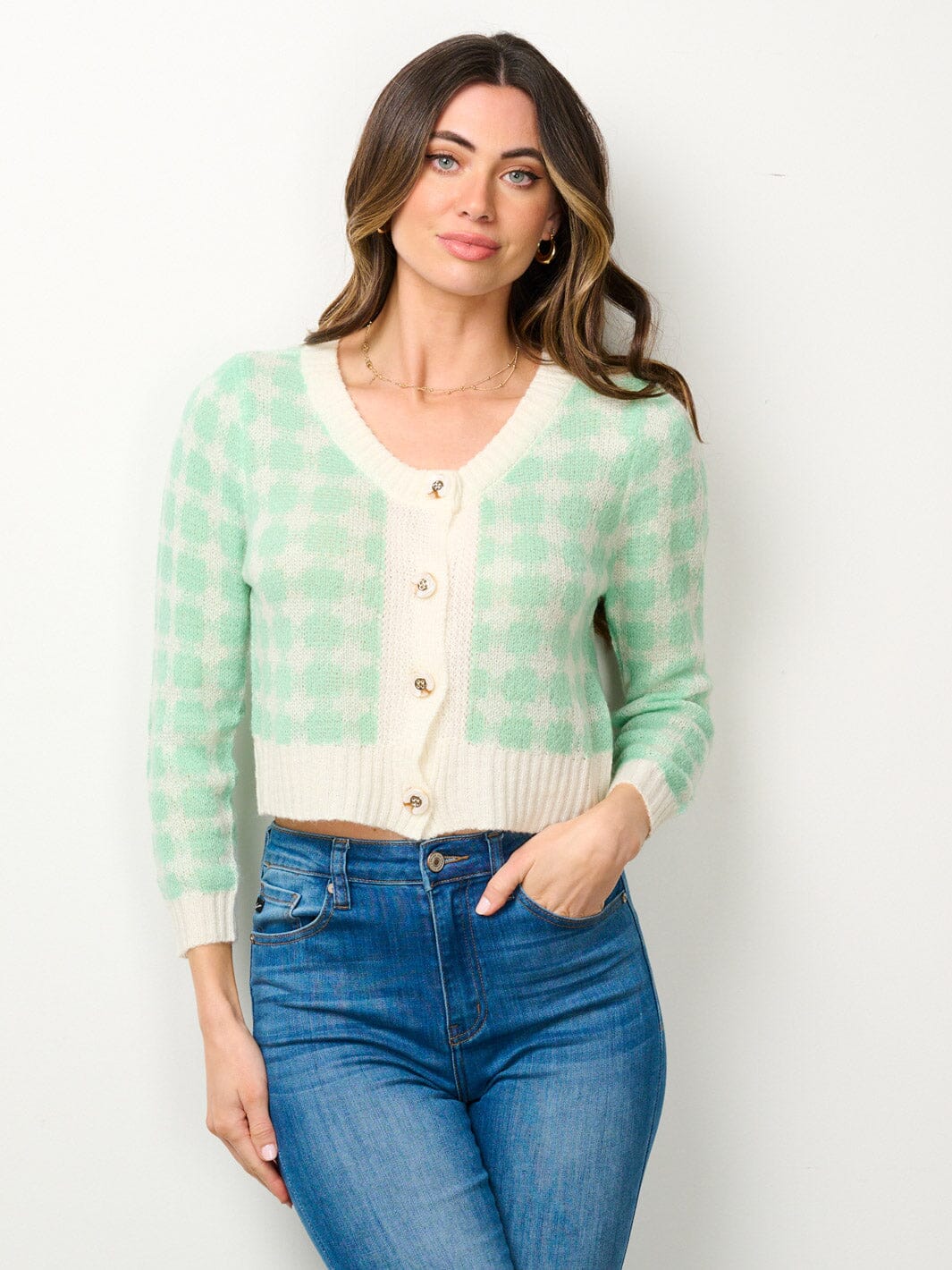 WOMEN'S LONG SLEEVE BUTTON UP PRINT COLORBLOCK TOP