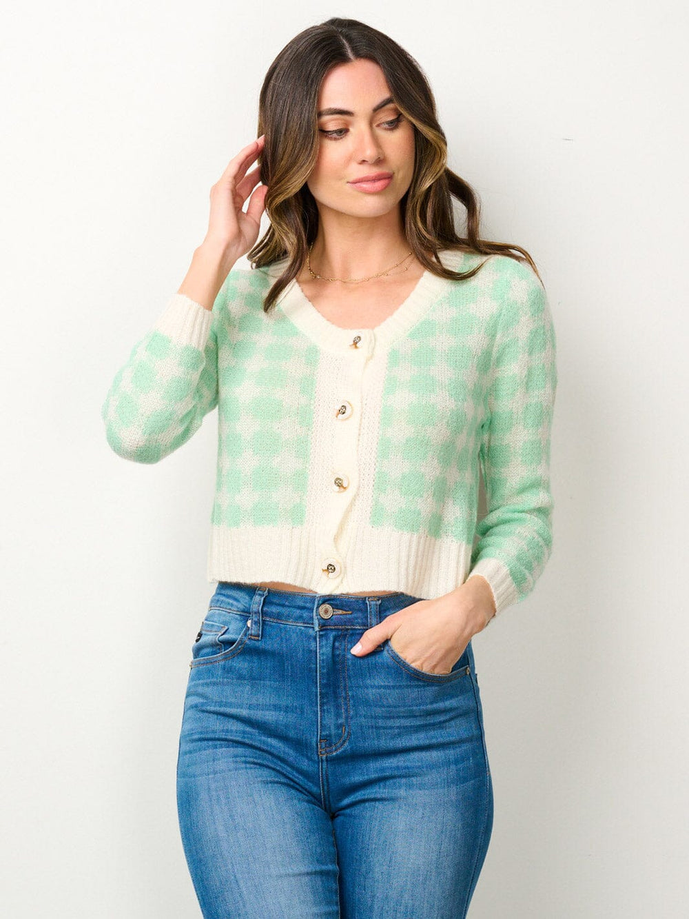 WOMEN'S LONG SLEEVE BUTTON UP PRINT COLORBLOCK TOP
