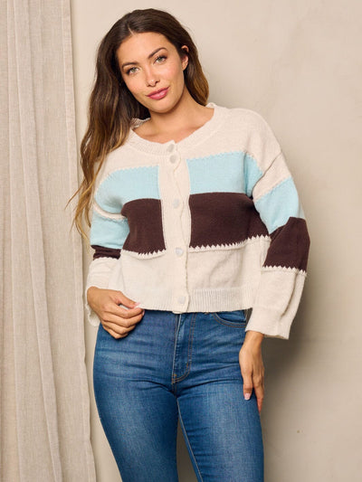 WOMEN'S LONG SLEEVE BUTTON UP COLORBLOCK SWEATER