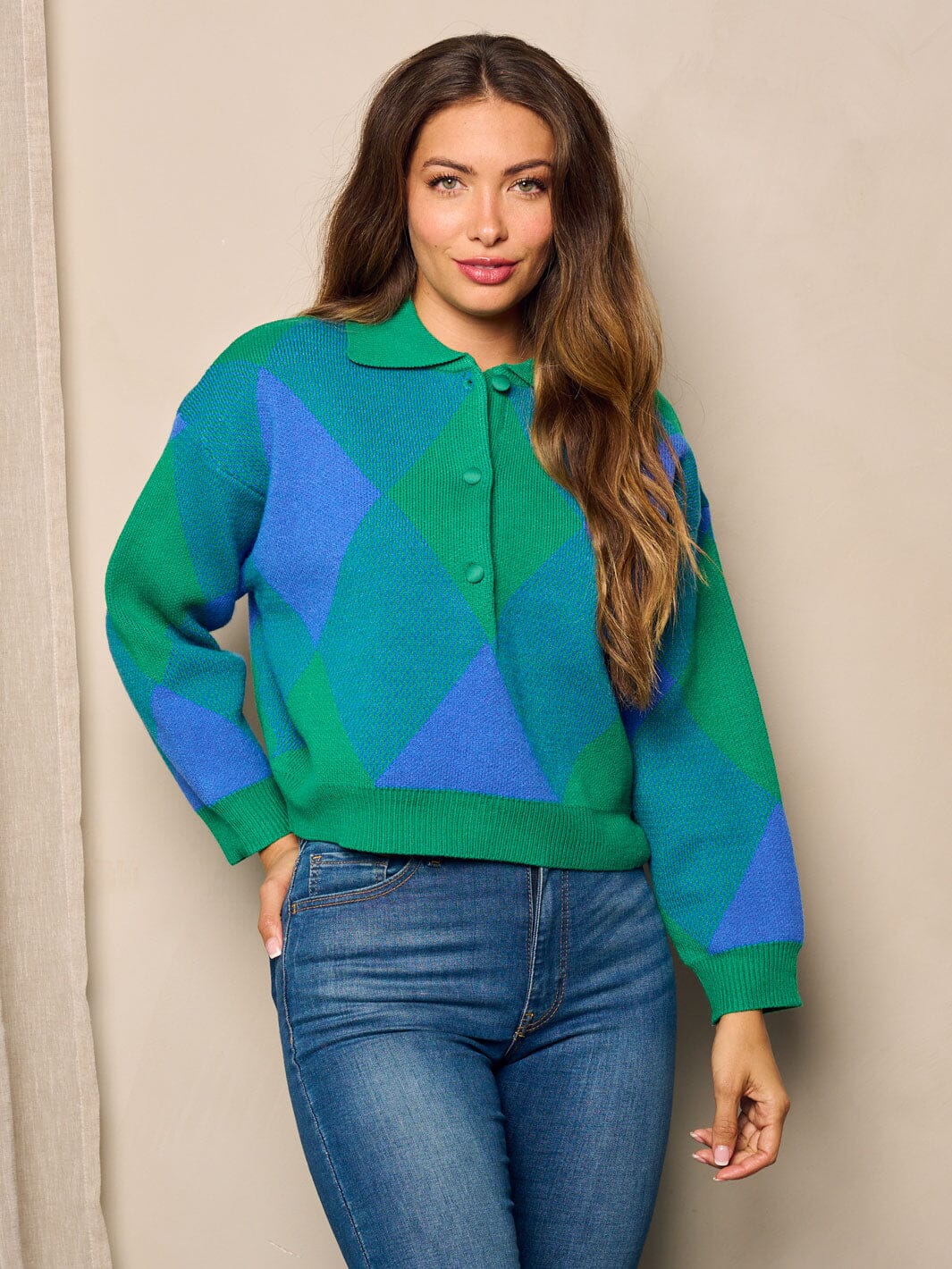 WOMEN'S LONG SLEEVE BUTTON UP COLORBLOCK PULLOVER SWEATER