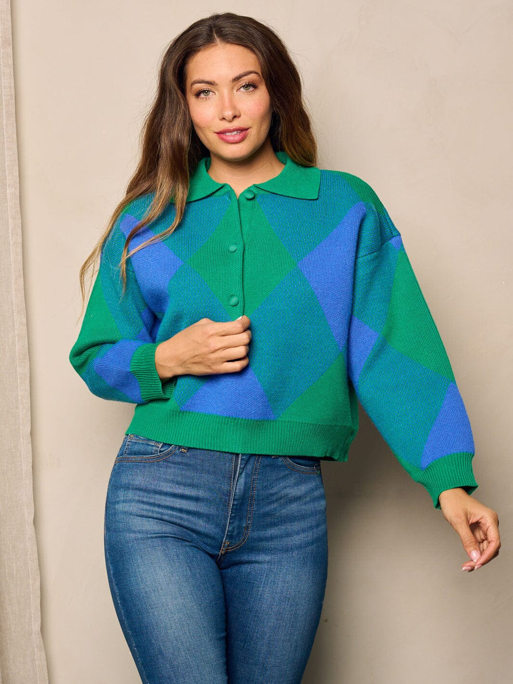 WOMEN'S LONG SLEEVE BUTTON UP COLORBLOCK PULLOVER SWEATER