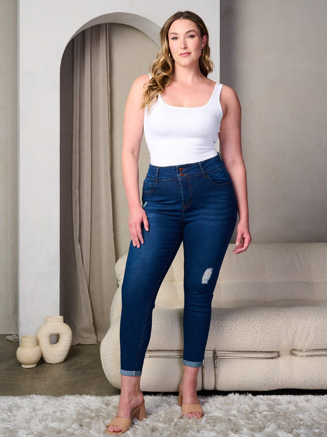 PLUS SIZE BUTTON CLOSURE WASHED DISTRESS DENIM SKINNY JEANS