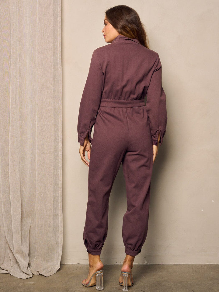 WOMEN'S LONG SLEEVE POCKETS ZIP UP DENIM JUMPSUIT