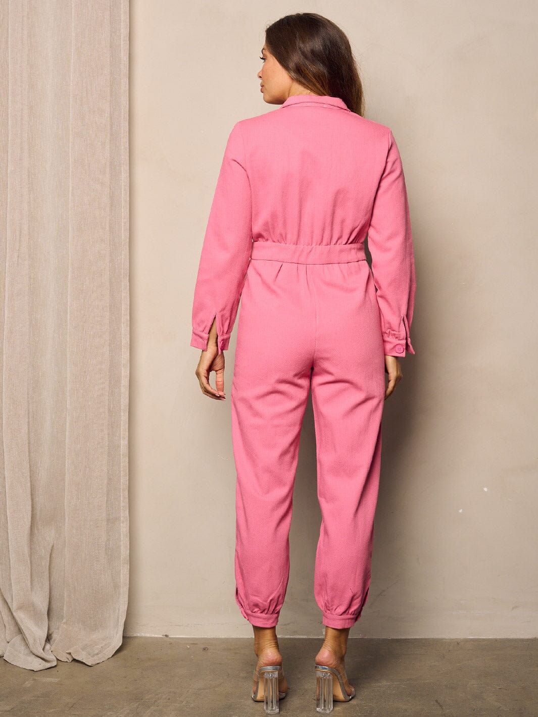 WOMEN'S LONG SLEEVE POCKETS ZIP UP DENIM JUMPSUIT