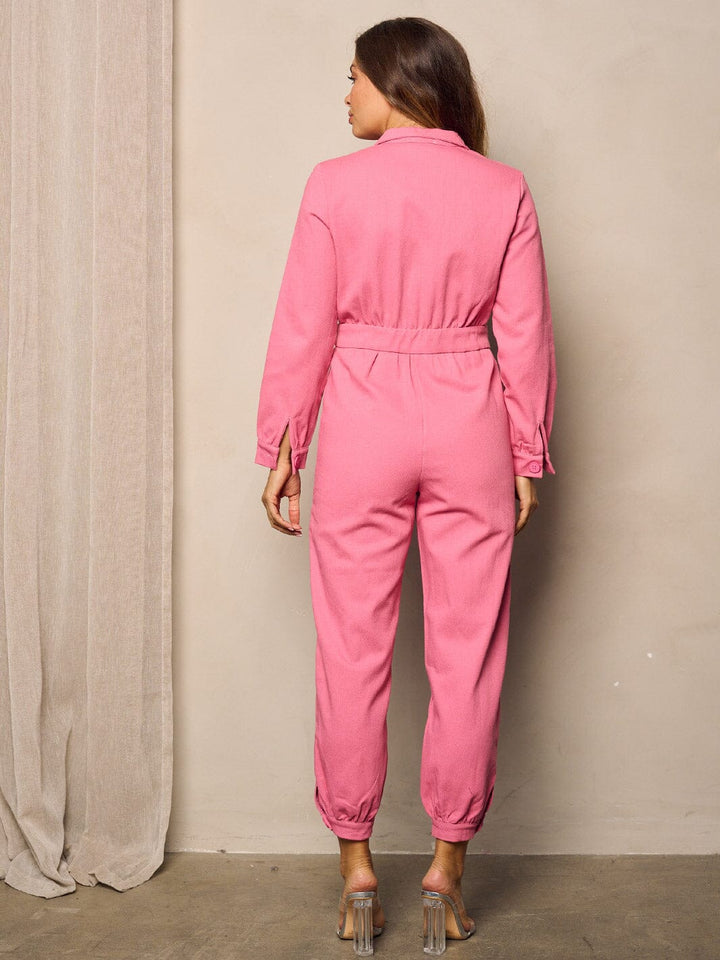 WOMEN'S LONG SLEEVE POCKETS ZIP UP DENIM JUMPSUIT