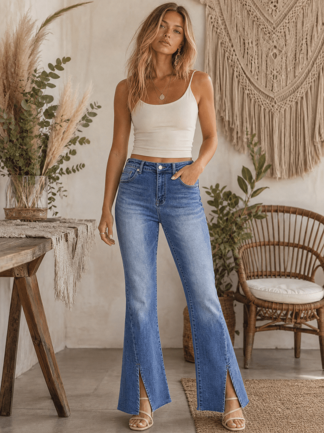 WOMEN'S BUTTON CLOSURE POCKETS BELL LEG WASHED STRETCH DENIM PANTS