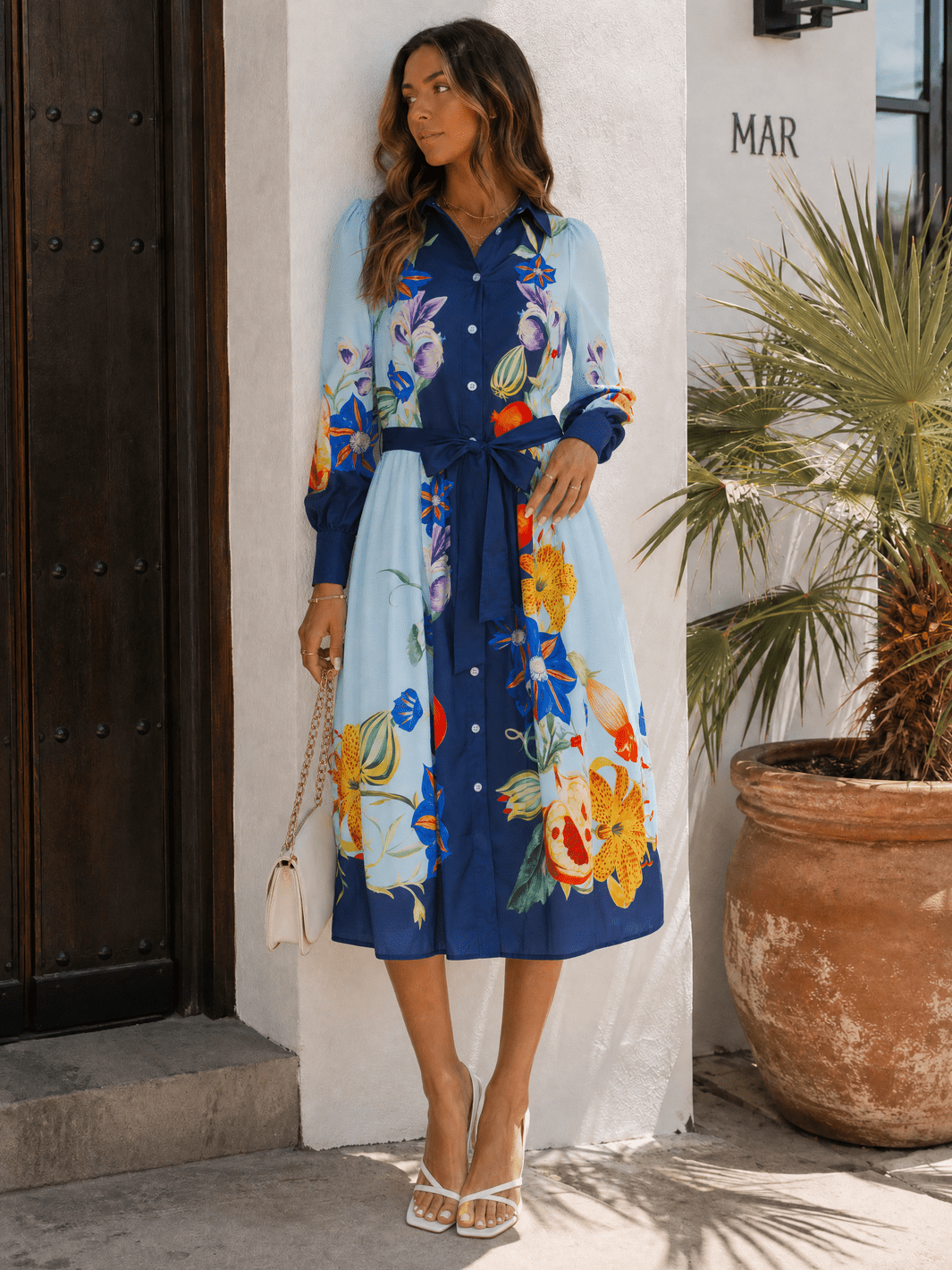WOMEN'S LONG SLEEVE SELF TIE BUTTON UP MULTI PRINT MIDI DRESS